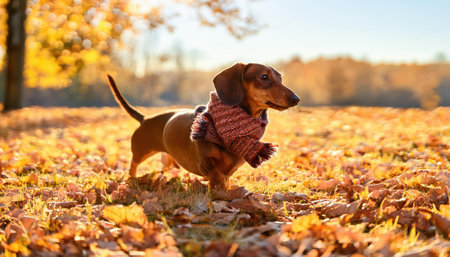 A playful dachshund enjoys a sunny autumn day, surrounded by colorful leaves in the park.の素材