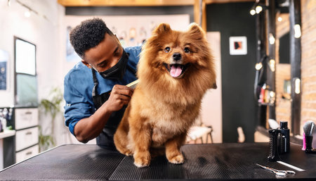 A cheerful dog enjoys a pampering session while being groomed by a caring stylist in a bright salon.の素材