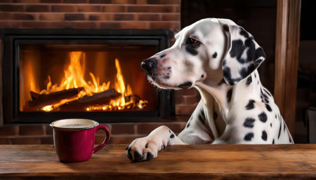 A dalmatian relaxes beside a glowing fireplace while curiously eyeing a warm cup placed nearby.の素材