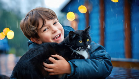 A boy joyfully hugs his black and white cat under raindrops while surrounded by soft bokeh lights.の素材