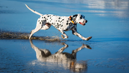 A lively Dalmatian sprints across the wet sand, splashing in the shallow water as the sun shines.の素材