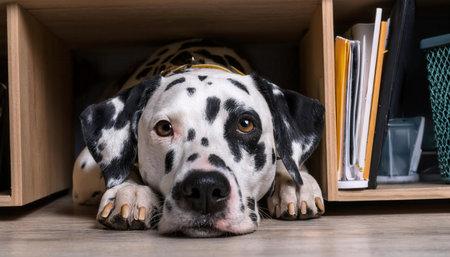Dalmatian rests comfortably on the floor, enjoying a peaceful moment in a bright workspace.の素材