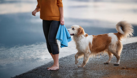 A person walks barefoot on the shore, playfully interacting with their dog, making memories.の素材