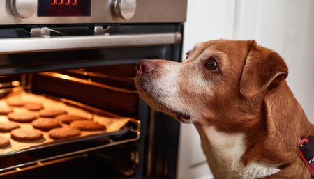 A dog intently observes freshly baked cookies golden brown in the glowing oven, enjoying the aroma.の素材