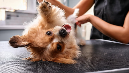 A cheerful dog receives a loving grooming treatment, showcasing its playful spirit and vibrant fur.の素材