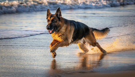 A german shepherd dashes playfully through the shallow waves at sunset, tail wagging happily.の素材