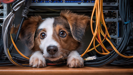 A curious dog with bright eyes explores a tangle of colorful cables.の素材