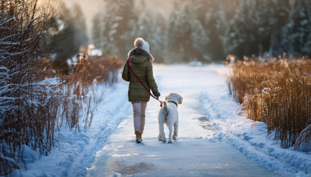 A peaceful winter walk with a fluffy dog on a snowy nature trail.の素材