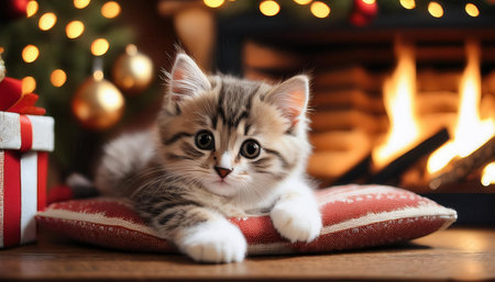 A playful kitten lounges peacefully on a festive pillow next to a crackling fire, radiating warmth.の素材