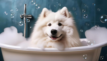 A fluffy Samoyed relaxes in a tub filled with bubbles, exuding joy and serenity during bath time.の素材