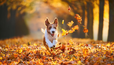 A playful dog leaps joyfully among colorful autumn leaves, celebrating the beauty of nature.の素材