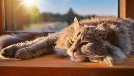 A fluffy gray cat lazily stretches on a wooden ledge, basking in the golden afternoon light.の素材