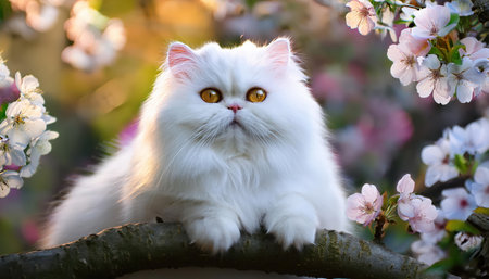 A serene white cat gazes calmly from a branch, surrounded by blooming pink flowers in spring.の素材