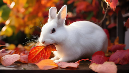 A cute white rabbit enjoys munching on a bright orange leaf among stunning fall foliage.の素材