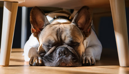 A French Bulldog enjoying a tranquil moment while resting on a wooden floor in soft sunlight.の素材