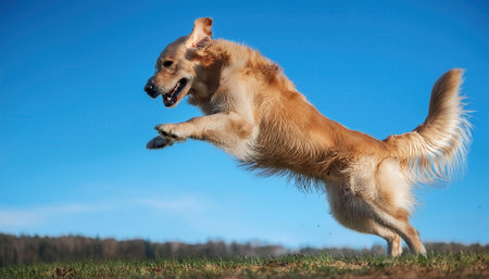 A golden retriever joyously jumps in the air, showcasing its playful spirit on a sunny day.の素材
