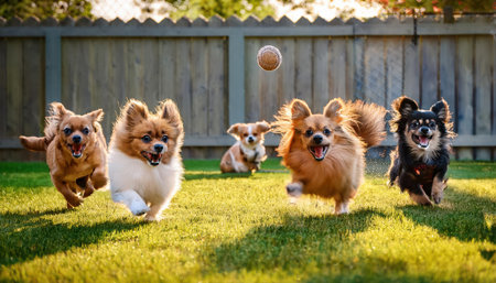 Five lively dogs chase a ball across a lush green lawn, enjoying a sunny afternoon together.の素材
