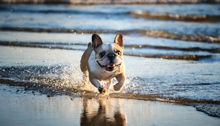 A playful dog races along the shoreline, kicking up water while enjoying the warm sunlight.の素材