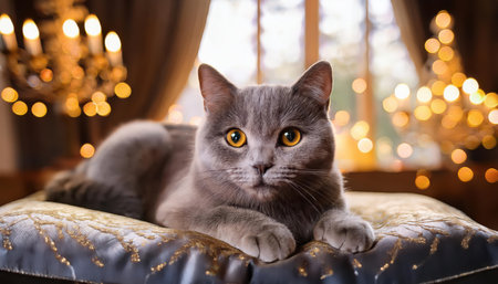 A fluffy gray cat lounges gracefully on a plush cushion, gazing curiously at warm glowing lights.の素材
