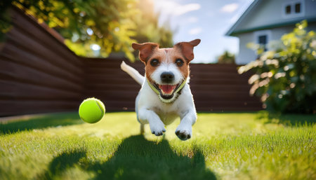 A playful dog joyfully pursues a bright green tennis ball in a lush garden on a sunny day.の素材