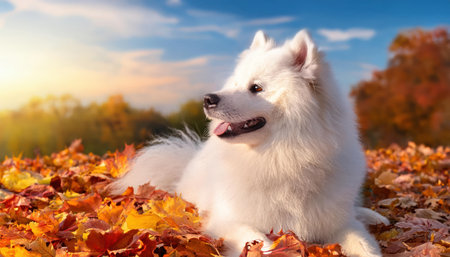A fluffy, white pet rests elegantly on vibrant autumn leaves, basking in warm sunlight.の素材
