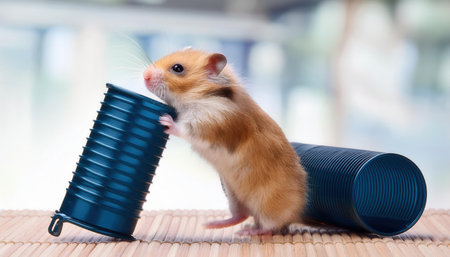 A curious hamster clambers over bright blue cups in a lively and cheerful environment.の素材