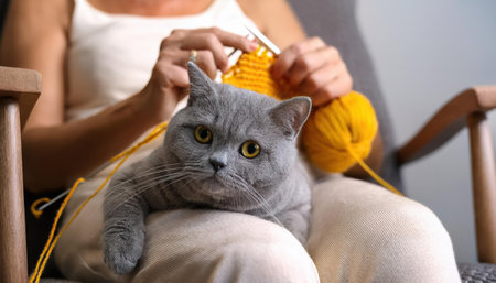 A fluffy, gray cat lounges on a persons lap while they knit with bright yellow yarn indoors.の素材