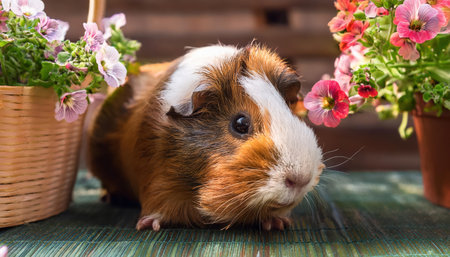 A curious guinea pig wanders among vibrant flowers, soaking in the warmth of a sunny day.の素材