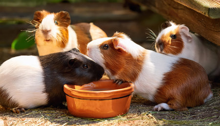 Four adorable guinea pigs gather around a bowl, enjoying a sunny moment in a vibrant garden.の素材