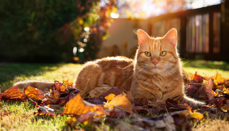 A playful orange cat relaxes among bright autumn leaves, enjoying the warm sunlight.の素材