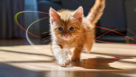 A playful ginger kitten strolls confidently on a sunlit floor, colorful yarn in tow.の素材