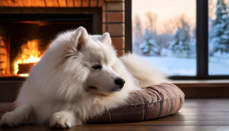 A fluffy white dog relaxes by the fireplace as snow falls gently outside.の素材