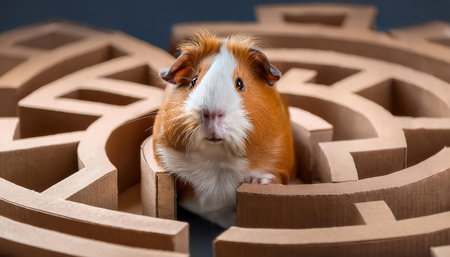 A guinea pig playfully navigates a colorful cardboard maze.の素材