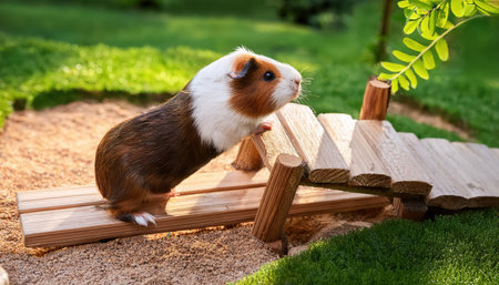 A delightful guinea pig explores a bright garden while perched on a wooden bridge, enjoying nature.の素材