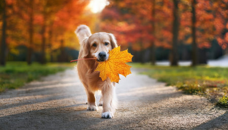 A cheerful golden retriever walks along a peaceful path, proudly holding a bright leaf.の素材