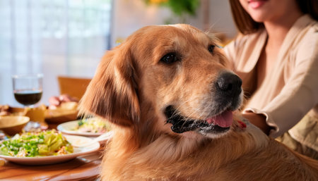 A joyful golden retriever sits beside its owner, surrounded by delicious food and warm atmosphere.の素材