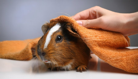 A hand gently wraps a soft towel around a lively guinea pig, creating a warm and comforting moment.の素材