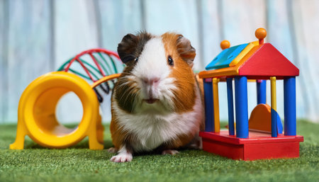 A playful guinea pig explores vibrant toys in a cheerful indoor environment during the day.の素材