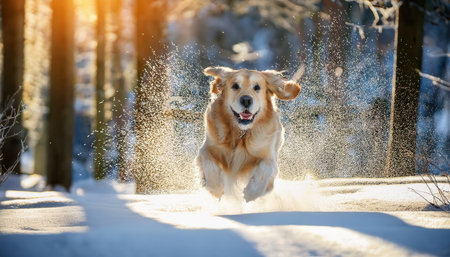 A happy golden retriever runs in the snow, splashing droplets in the sunlight.の素材
