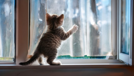 A playful kitten explores the world outside while standing on the windowsill, captivated by nature.の素材