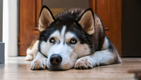 A fluffy husky lays on the warm wooden floor, enjoying the sun pouring in through the door.の素材