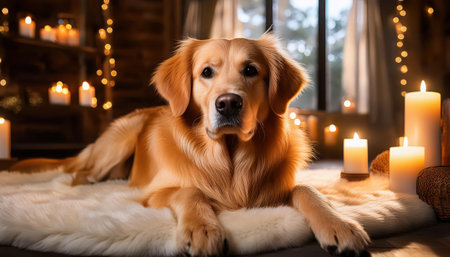 A loving golden retriever relaxes in warm candlelight and soft textures.の素材
