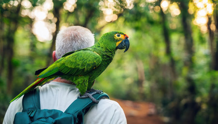 A colorful parrot rests comfortably on a persons shoulder as they explore the vibrant forest.の素材