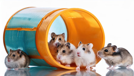 Five playful hamsters emerge from a bright container, exploring their vibrant surroundings together.の素材
