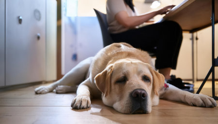 A relaxed dog lies on the floor while its owner types, creating a warm atmosphere.の素材