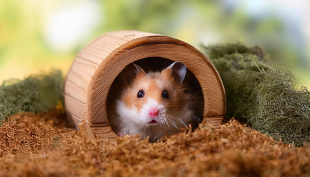A delightful little hamster peeks out from its wooden burrow surrounded by soft natural textures.の素材