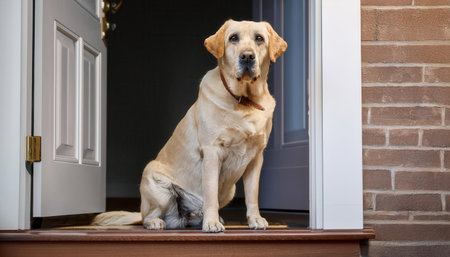 A cheerful yellow lab relaxes on the doorstep, enjoying the warmth of a sunny afternoon.の素材