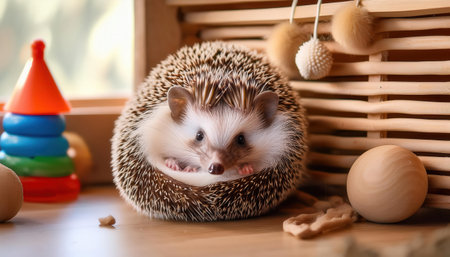 A curious hedgehog comfortably nestled in a bright and playful setting with toys around.の素材