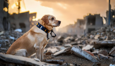 A golden labrador sits calmly in the debris, illuminated by the warm glow of the sunset.の素材