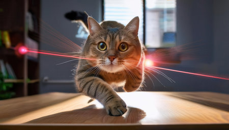 A playful feline leaps forward, captivated by a bright laser dot illuminating a wooden table.の素材